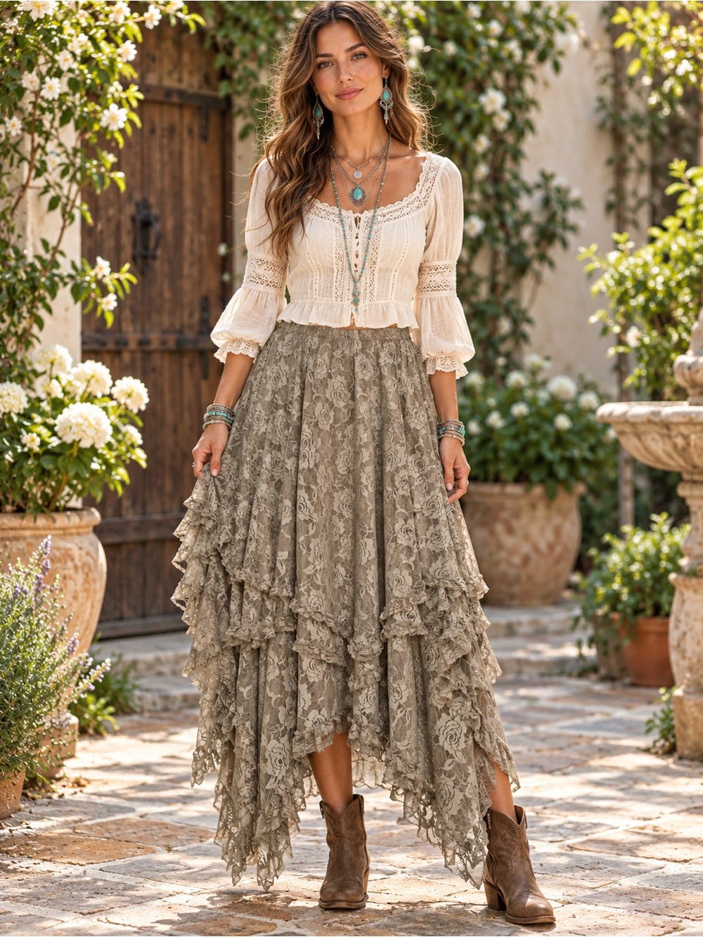 H260 NWT Jaded Gypsy OS w13-20 Sage Green 3-Layers of Lace& Tulle H/L Maxi Skirt